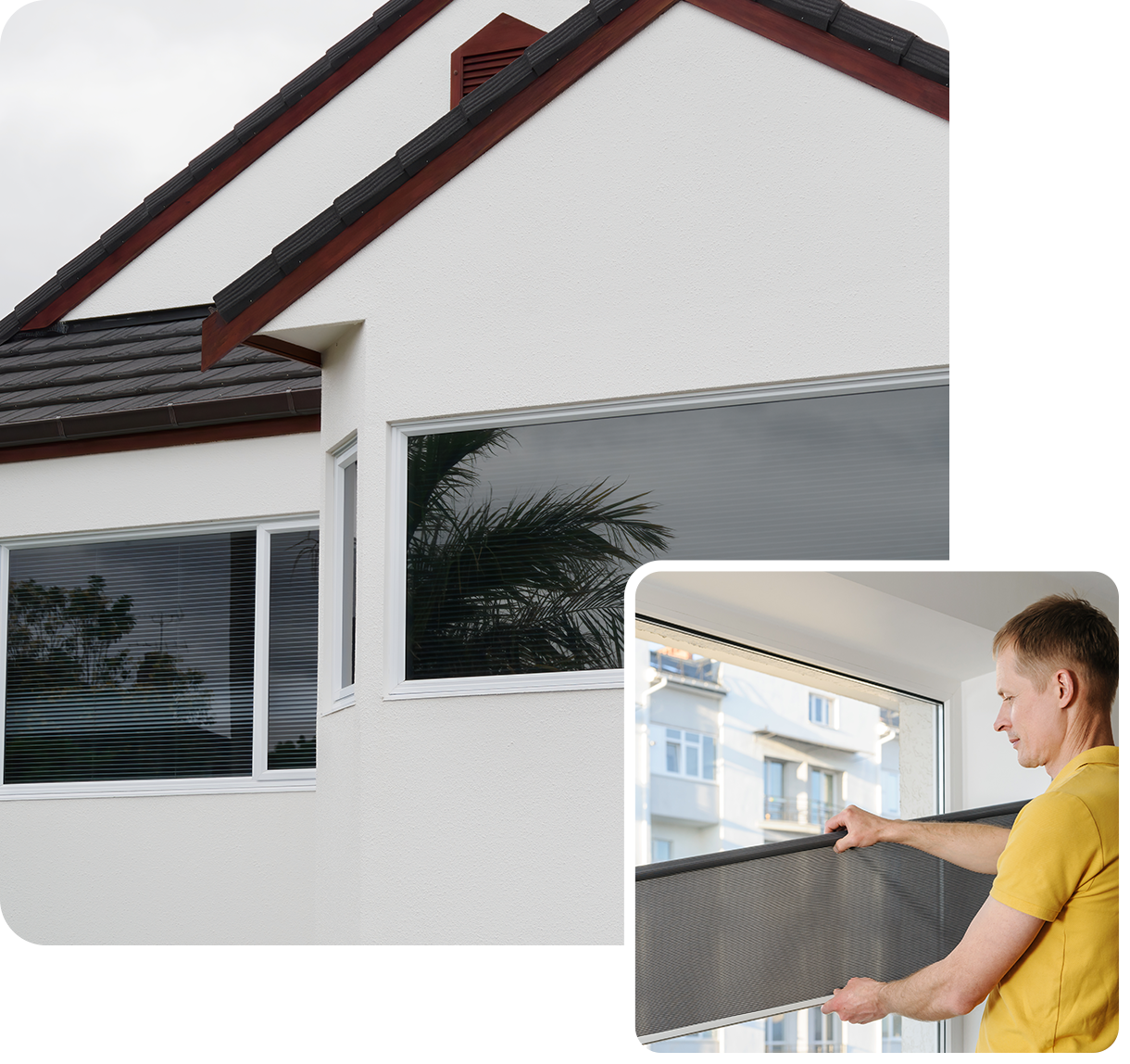 Man installing window blinds in home.